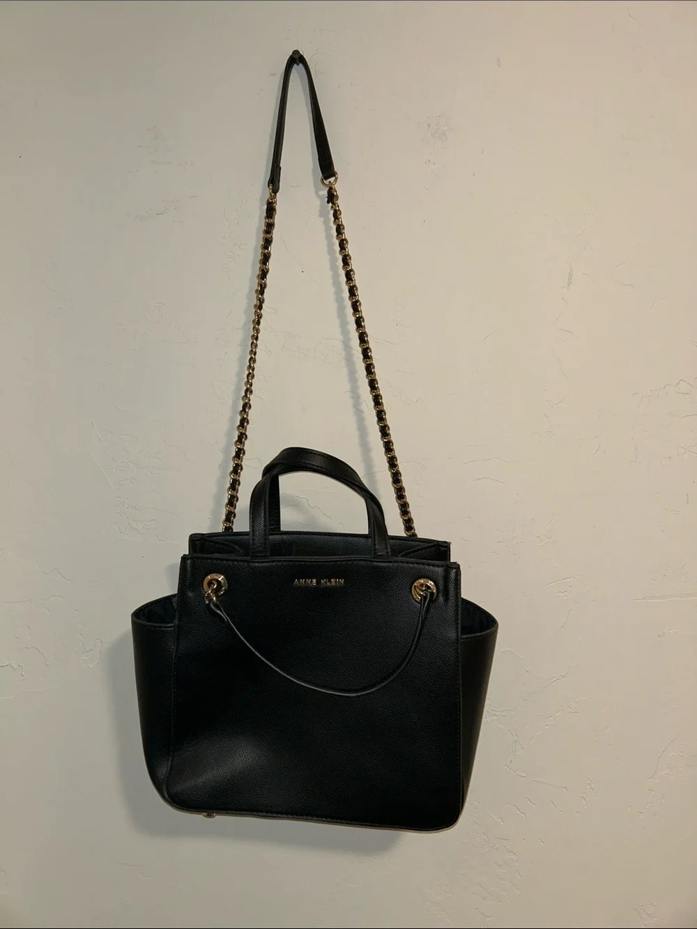 Anne Klein textured black leather look PVC satchel bag.